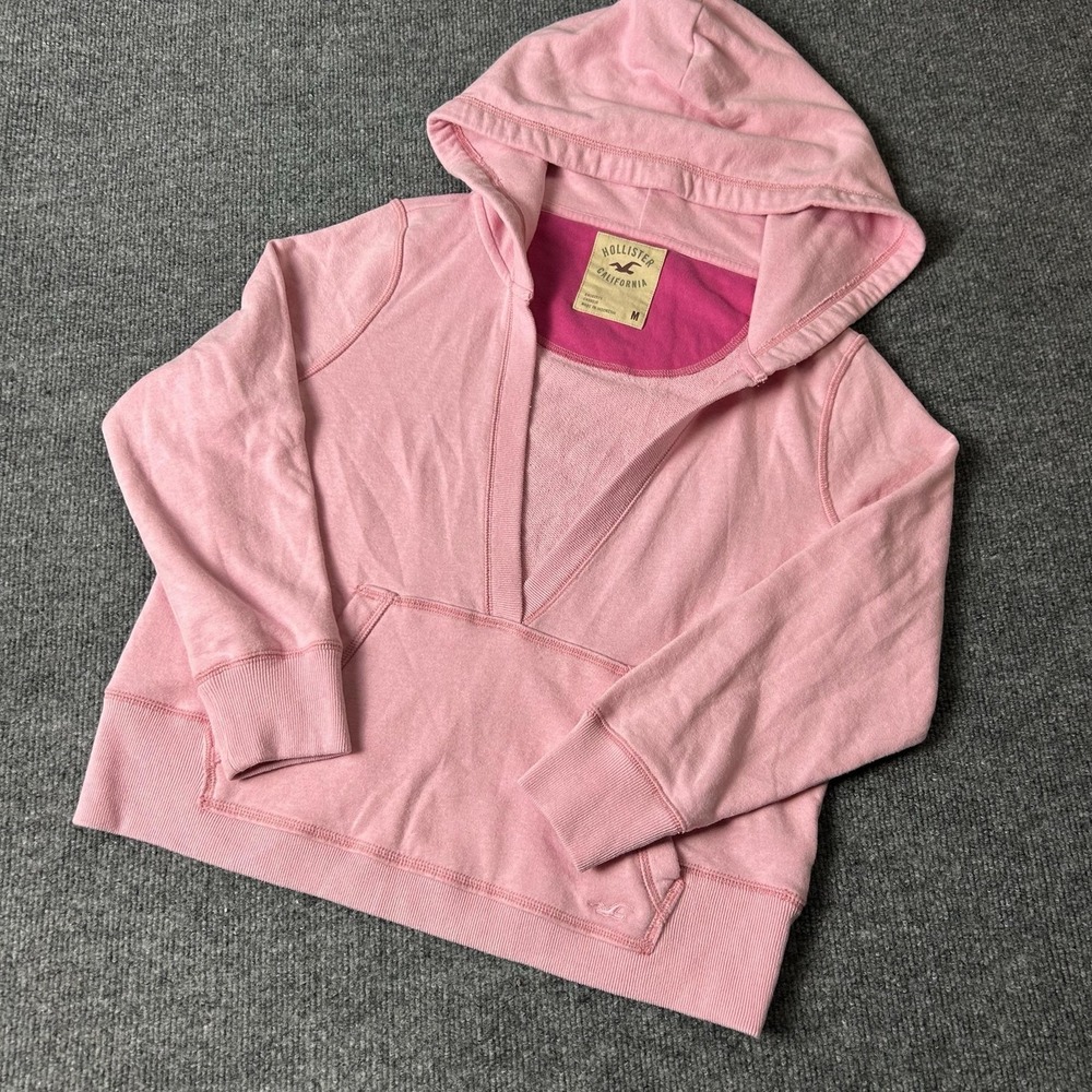 Hollister Hoodie Teens Medium Pink V Neck Pullover Kangaroo Pocket Logo Fleece